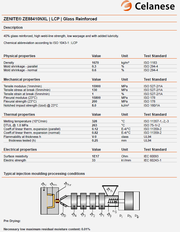 Celanese泰科納Zenite? ZE88410NXL LCP原廠物性加工參數